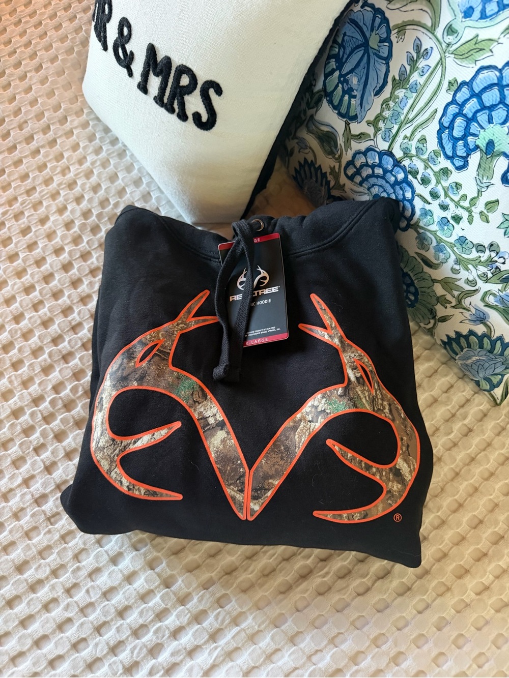 Realtree Black Hoodie with Orange-Outlined Camo Antler Logo
